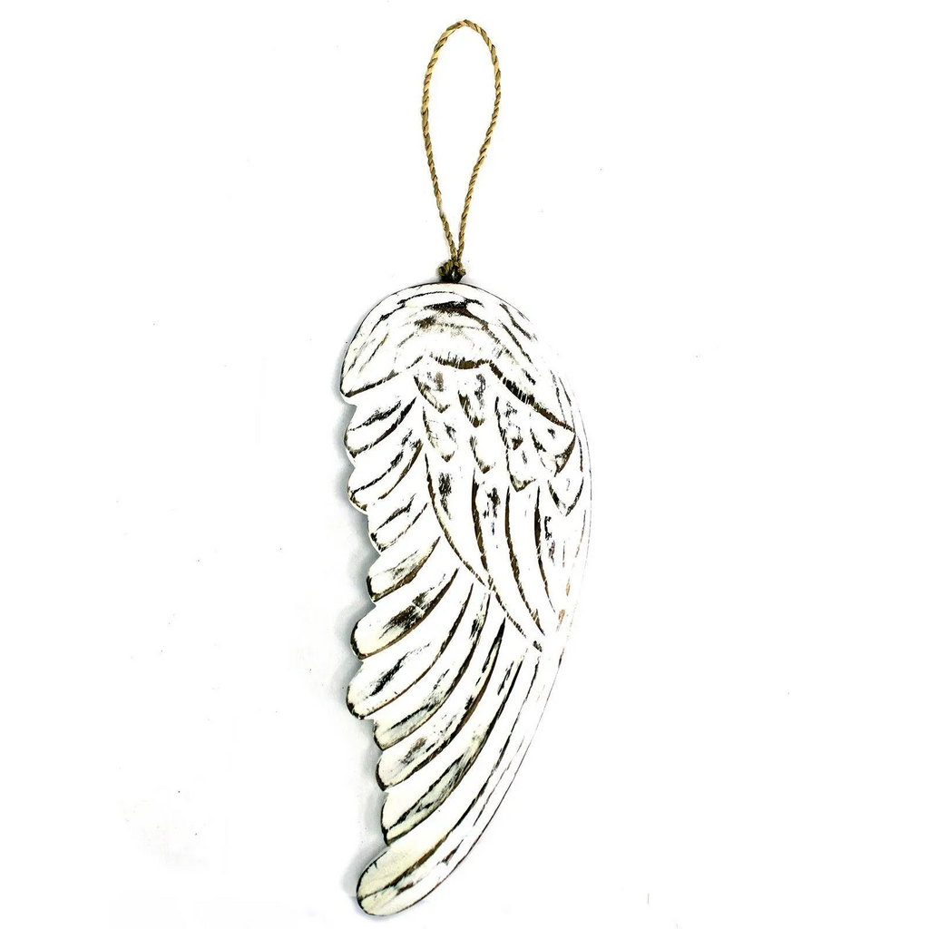 Vintage distressed white-washed angel wings hand-carved from sustainable wood for wall or shelf decor, personalized chalkboard back