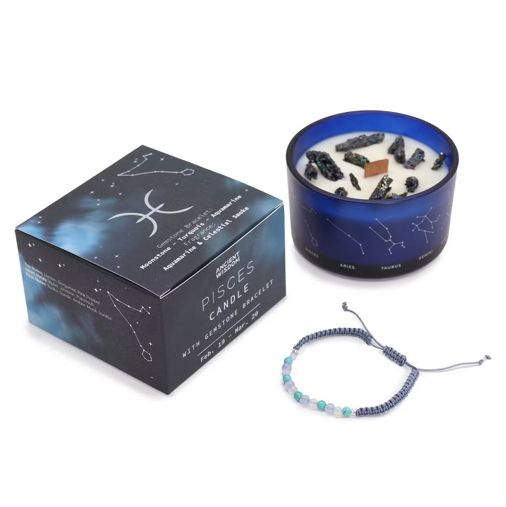 Libra Zodiac Crystal Candle with Green Aventurine, Opal, and Rose quartz Bracelet Giftset