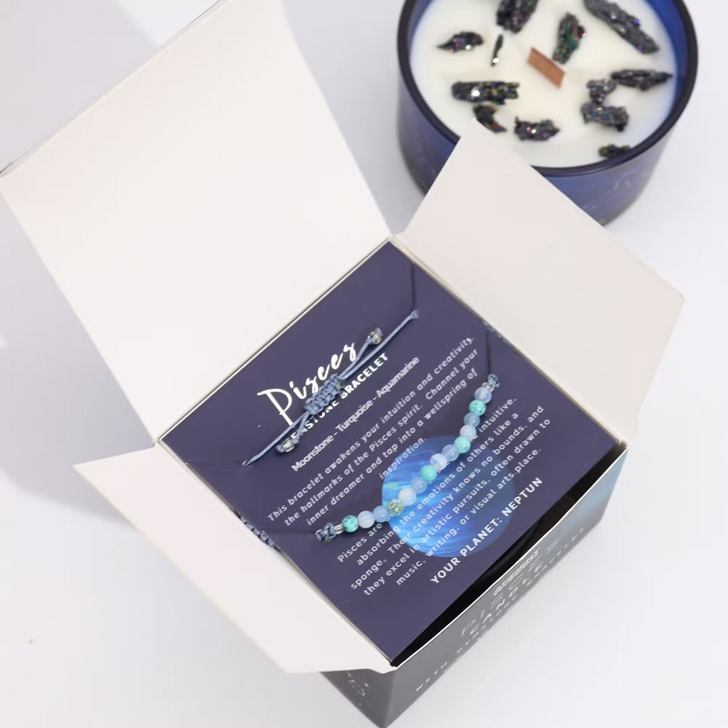 Libra Zodiac Crystal Candle with Green Aventurine, Opal, and Rose quartz Bracelet Giftset