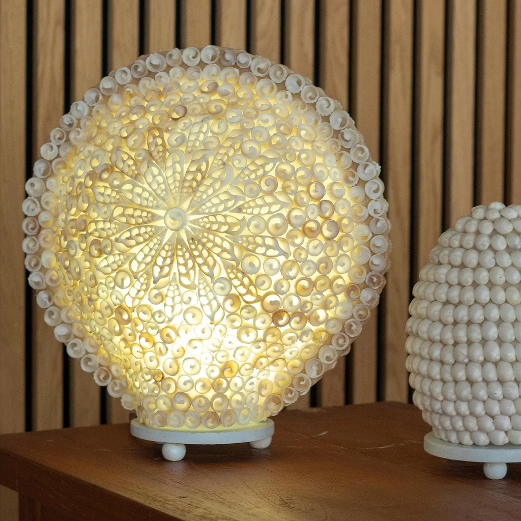 Boho Sea Shell Lamp, Large Round Cut Art Design, Coastal Beach Decor, Ambient Lighting