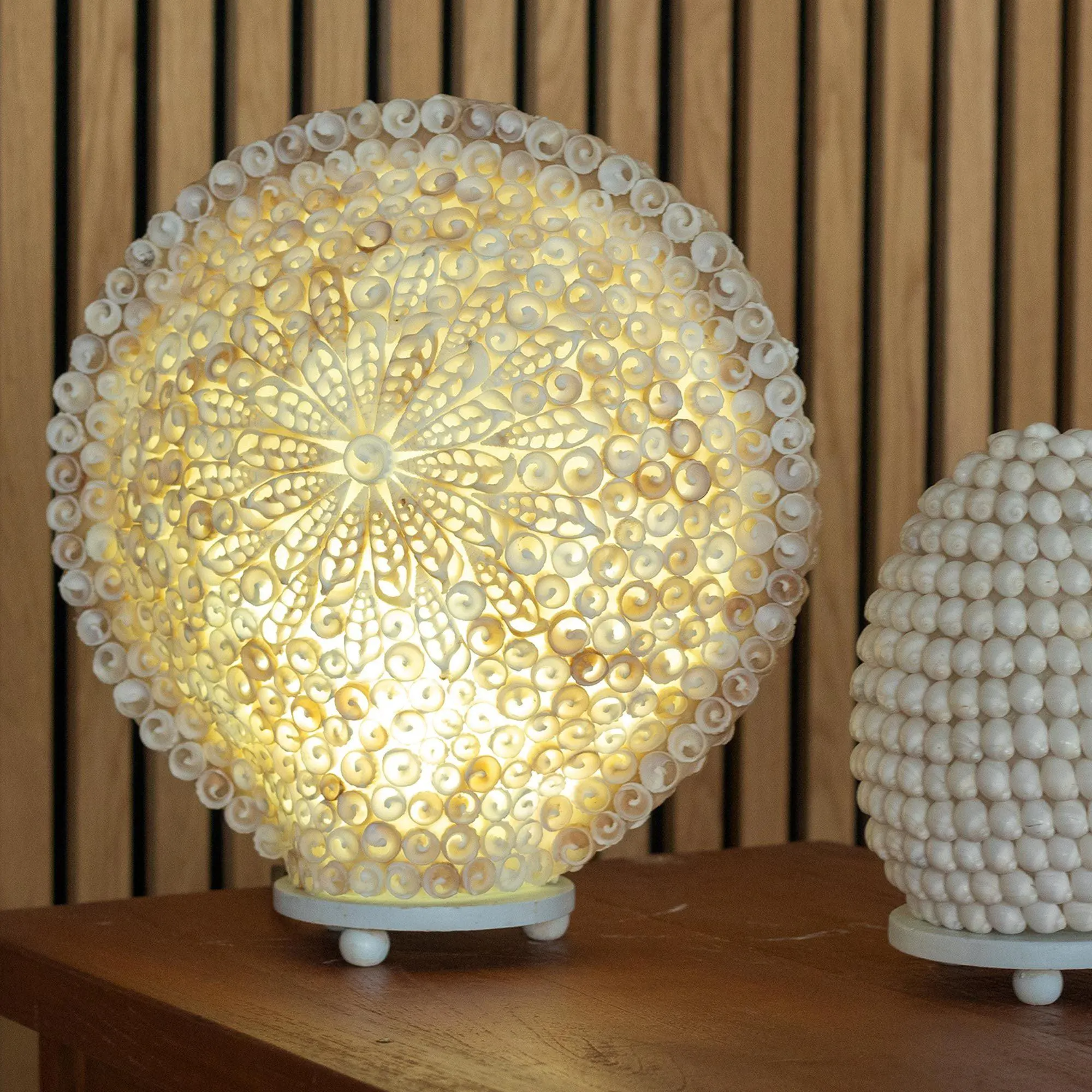 Boho Sea Shell Lamp, Large Round Cut Art Design, Coastal Beach Decor, Ambient Lighting