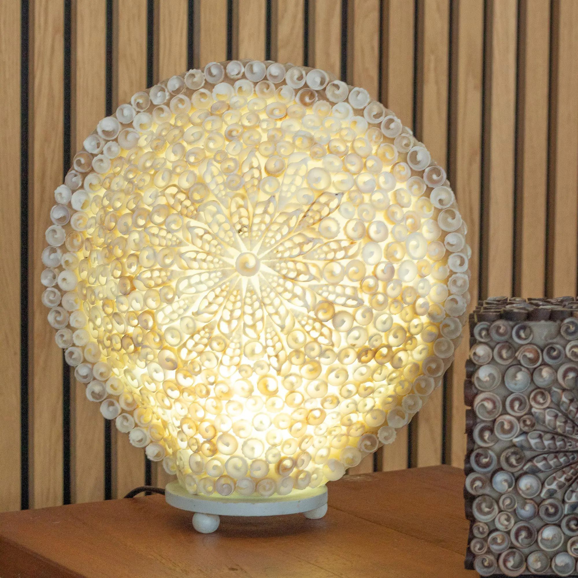 Boho Sea Shell Lamp, Large Round Cut Art Design, Coastal Beach Decor, Ambient Lighting