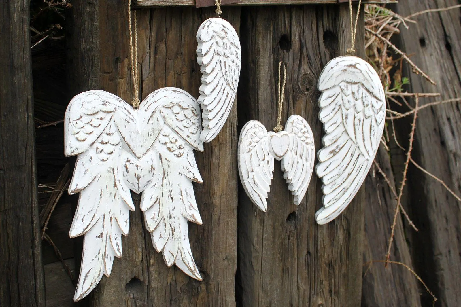Hand-Carved Vintage Distressed Angel Wings and Heart Decoration, White-Washed Rustic Wall or Shelf Art