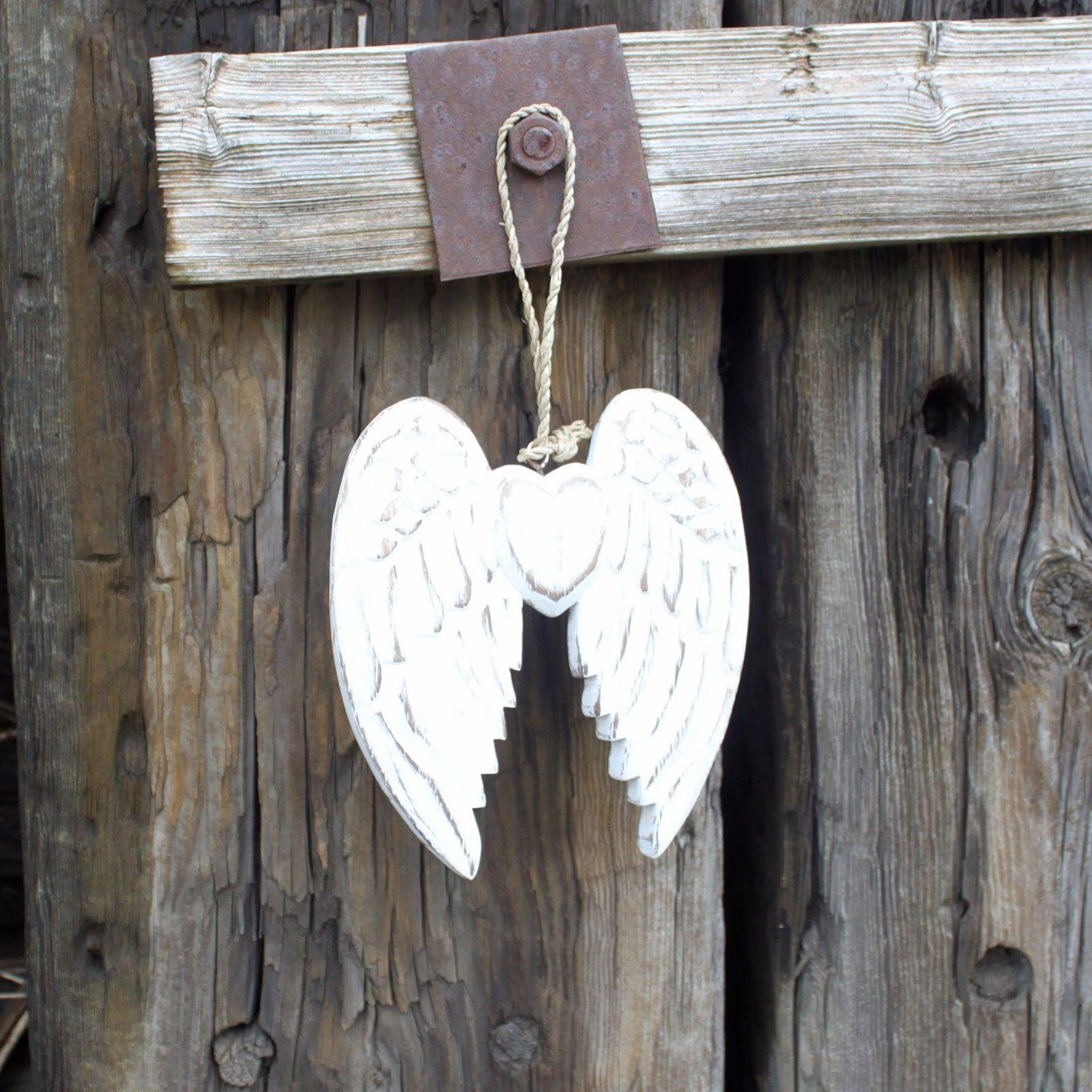 Hand-Carved Vintage Distressed Angel Wings and Heart Decoration, White-Washed Rustic Wall or Shelf Art