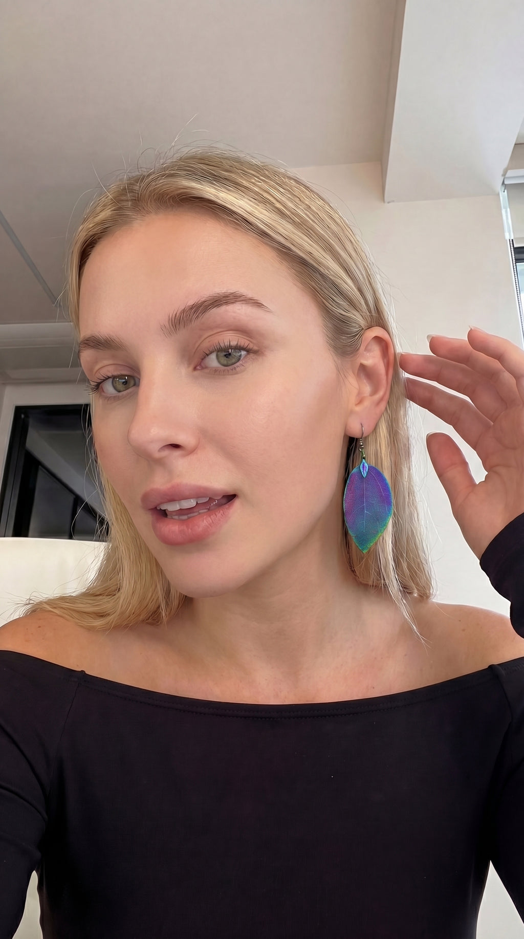 Leaf Earrings, Luminous Iridescent Purple Real Nature Handcrafted Design