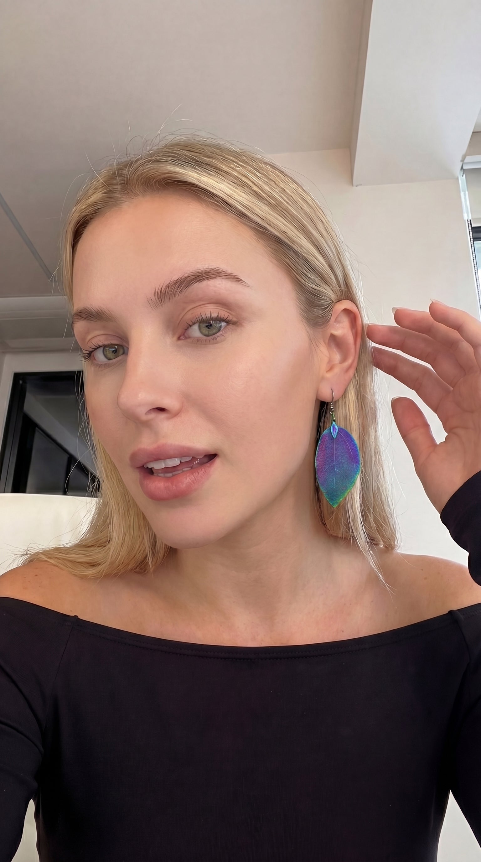 Leaf Earrings, Luminous Iridescent Purple Real Nature Handcrafted Design