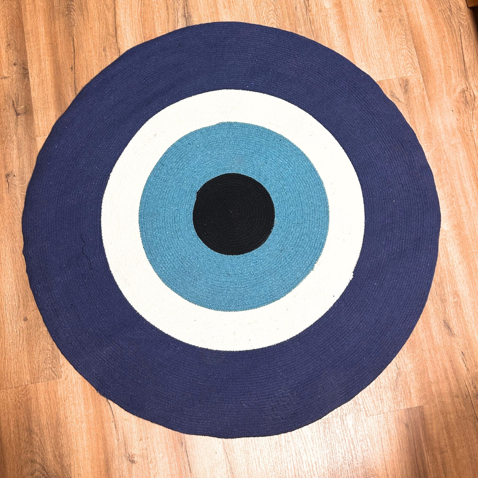 Cotton Rug Circular Blue & White Cotton Rope 'Evil Eye' Design