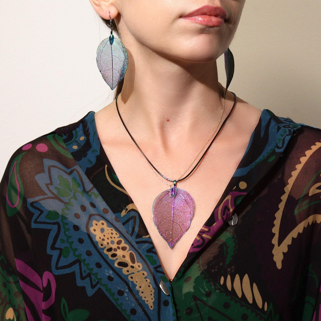 Leaf Earrings, Luminous Iridescent Purple Real Nature Handcrafted Design
