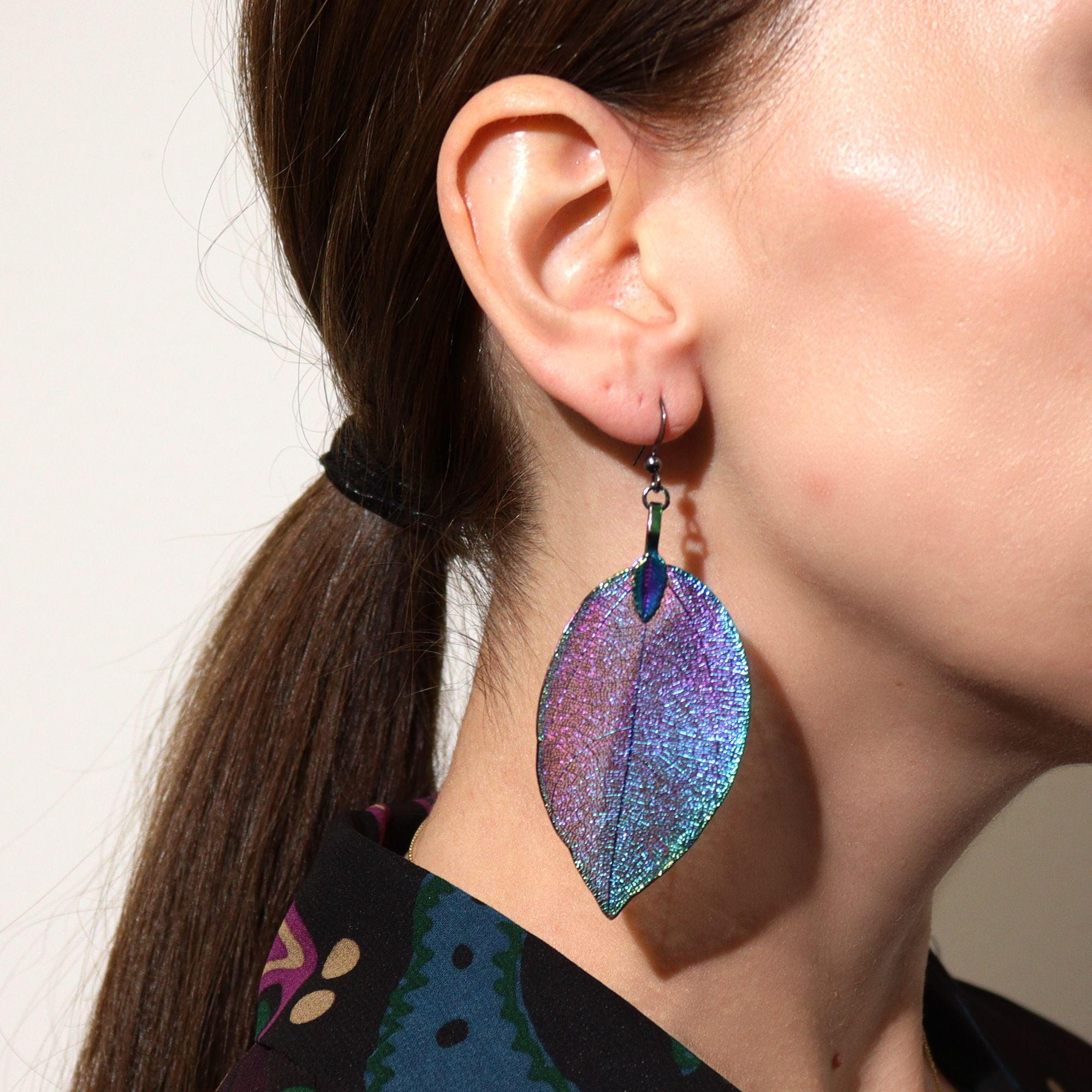 Leaf Earrings, Luminous Iridescent Purple Real Nature Handcrafted Design