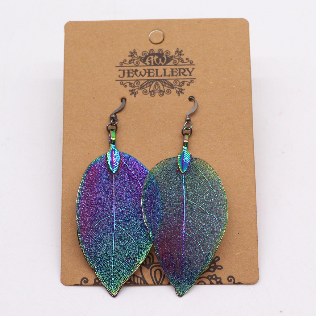 Leaf Earrings, Luminous Iridescent Purple Real Nature Handcrafted Design