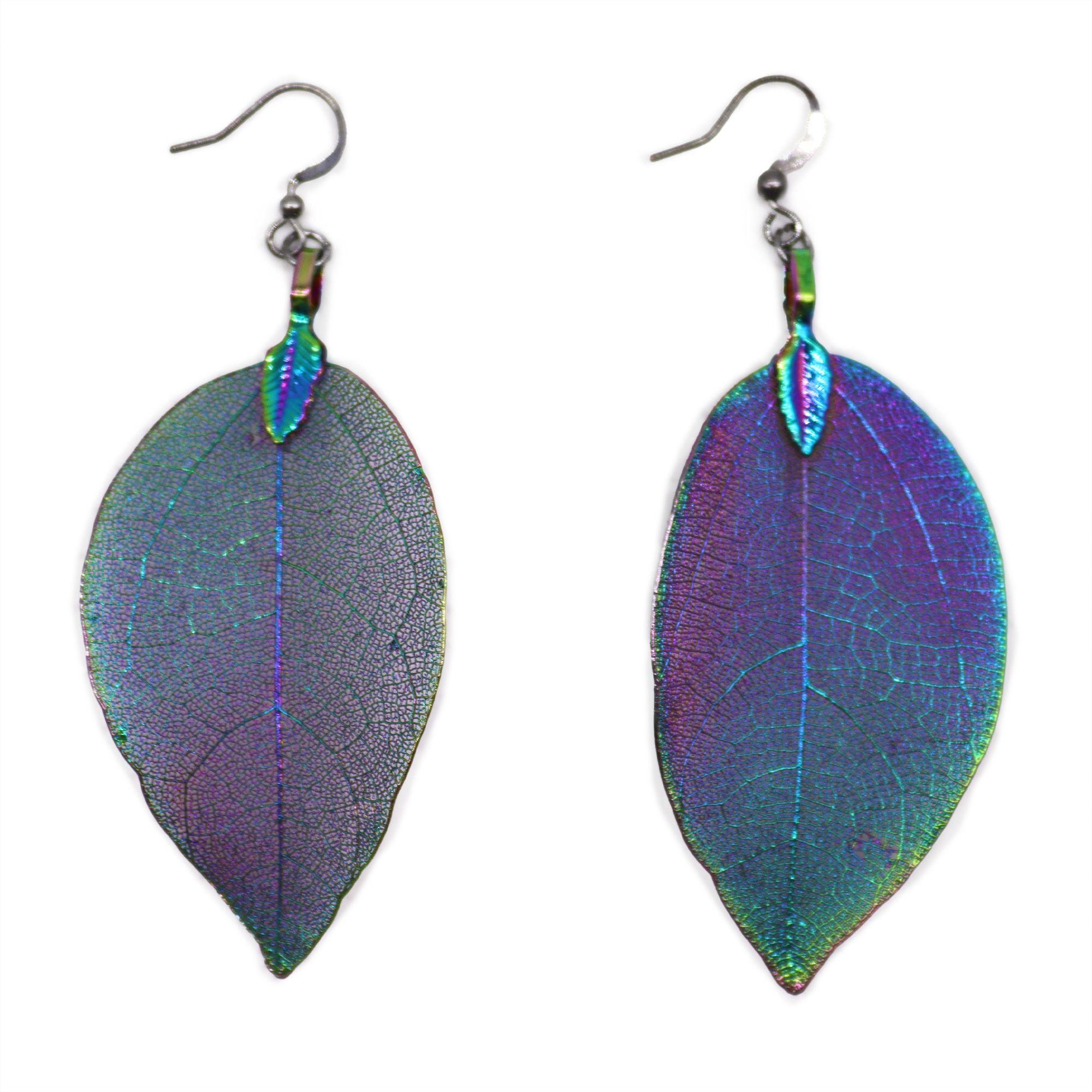 Leaf Earrings, Luminous Iridescent Purple Real Nature Handcrafted Design