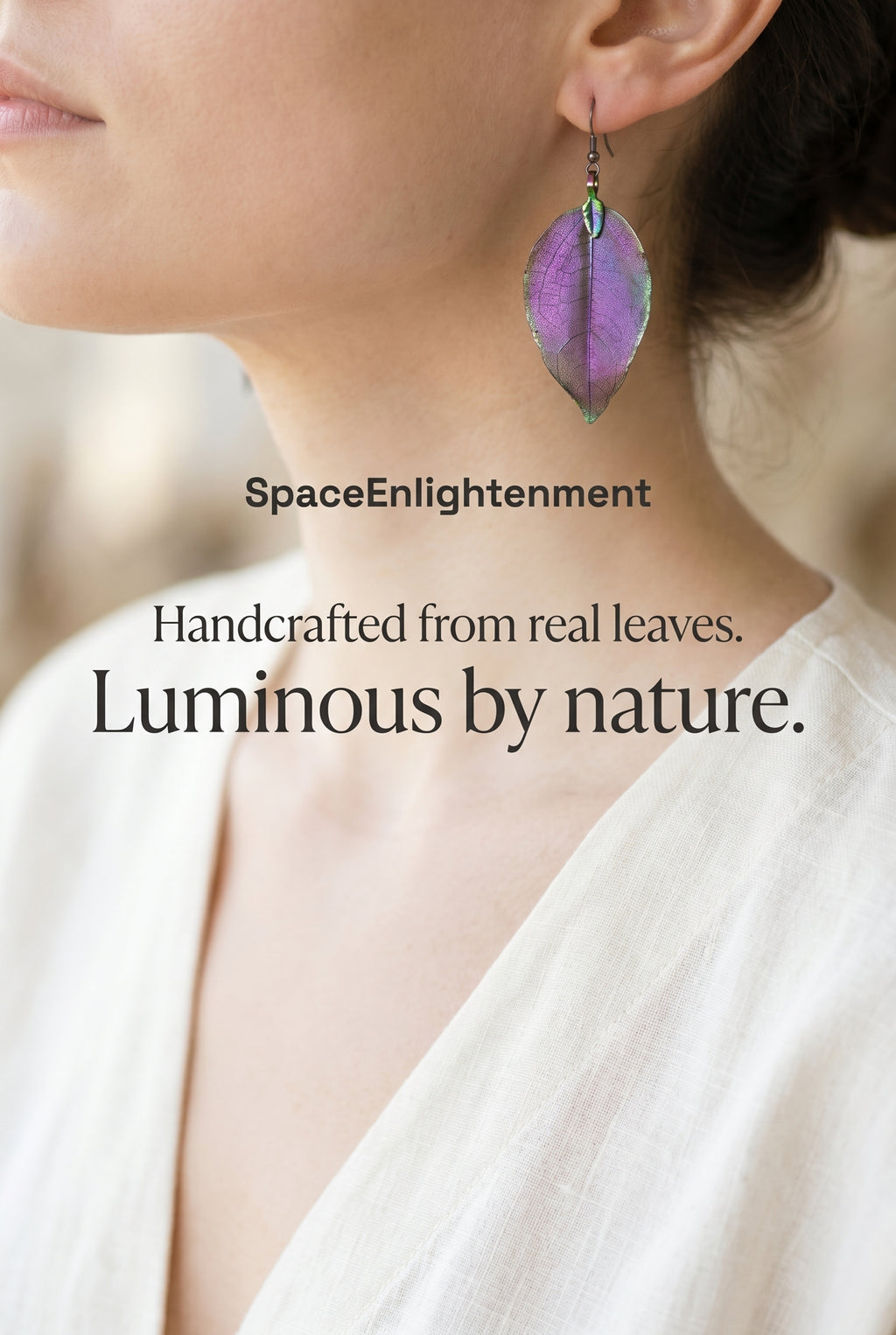 Leaf Earrings, Luminous Iridescent Purple Real Nature Handcrafted Design