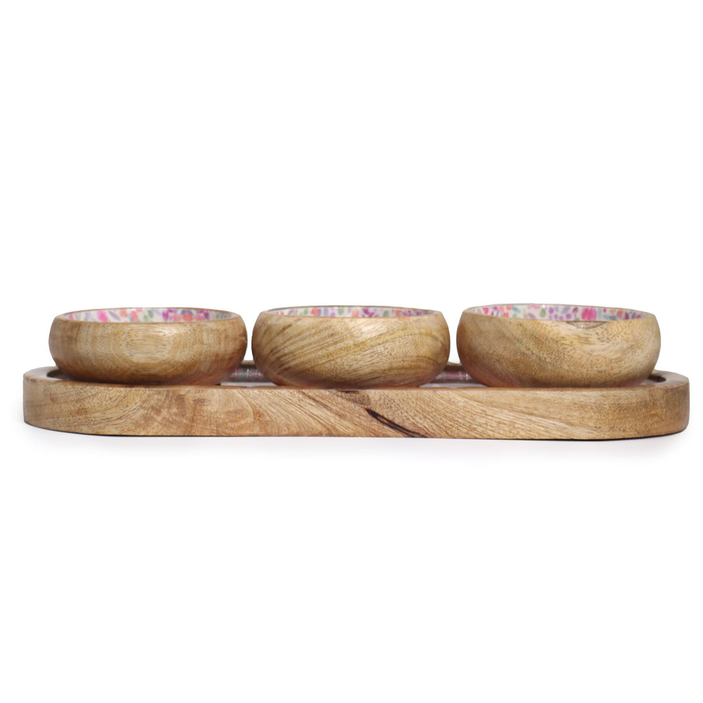 Serving Tray With 3 Bowls - Handmade Mango Wood Pretty Floral Decor