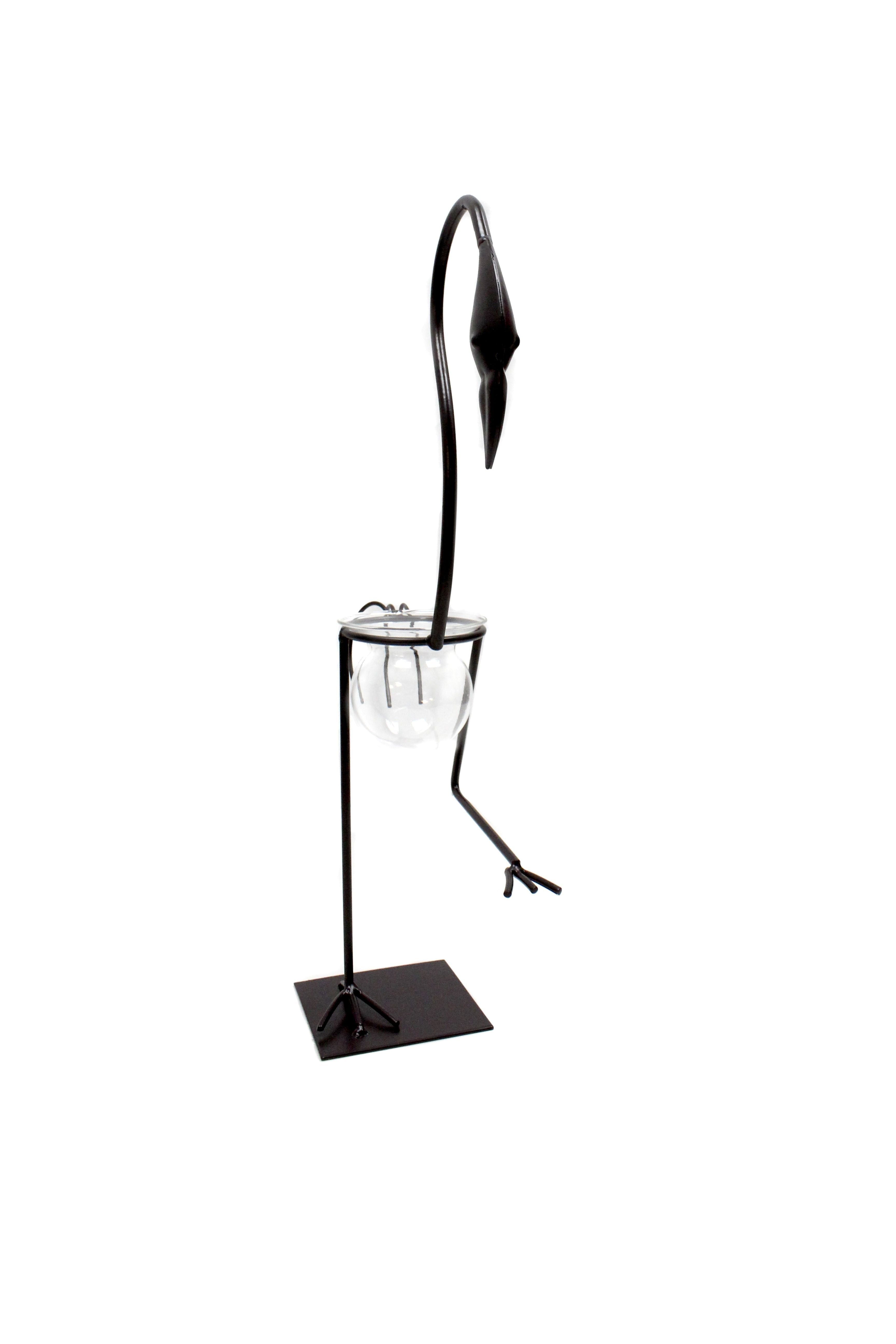 Hydroponic home décor with industrial iron and wood frame, glass tubes for plants, minimalistic floral display stand