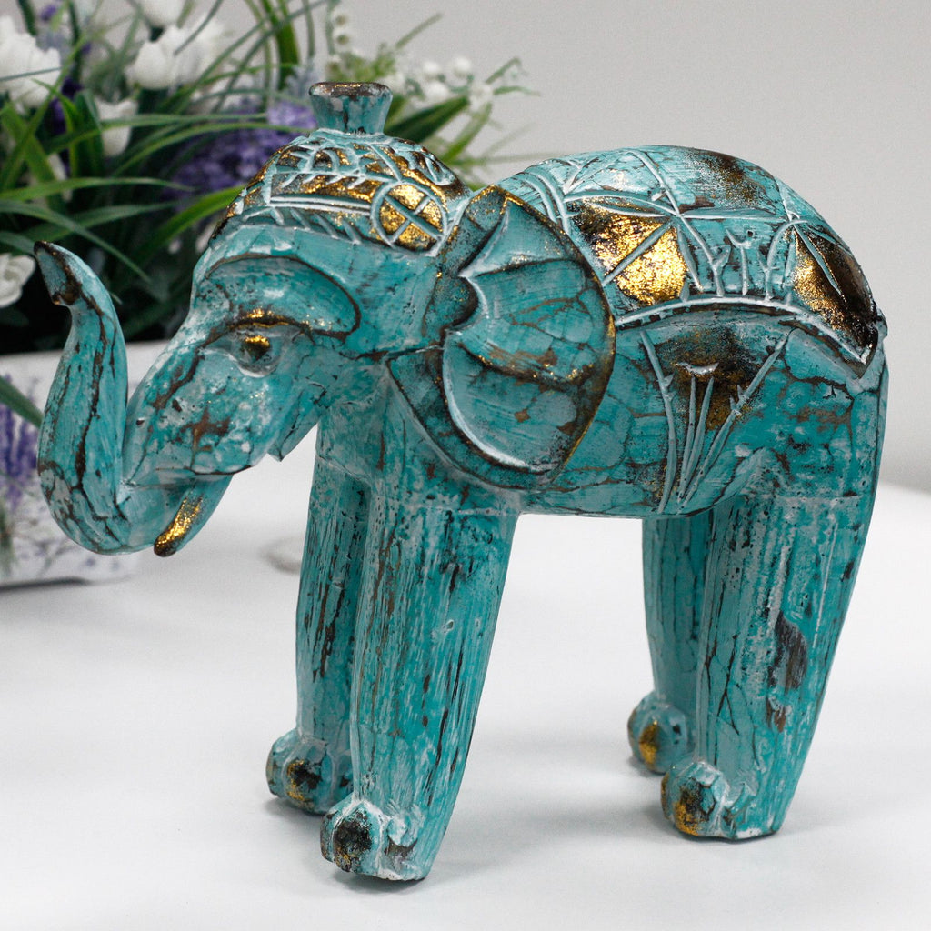 Wood Carved Elephant Turquoise Gold