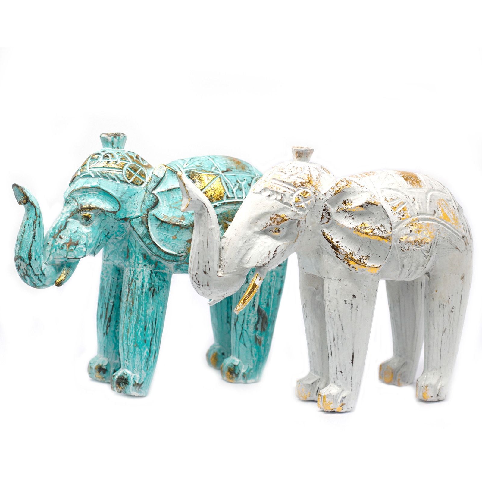 Wood Carved Elephant Turquoise Gold
