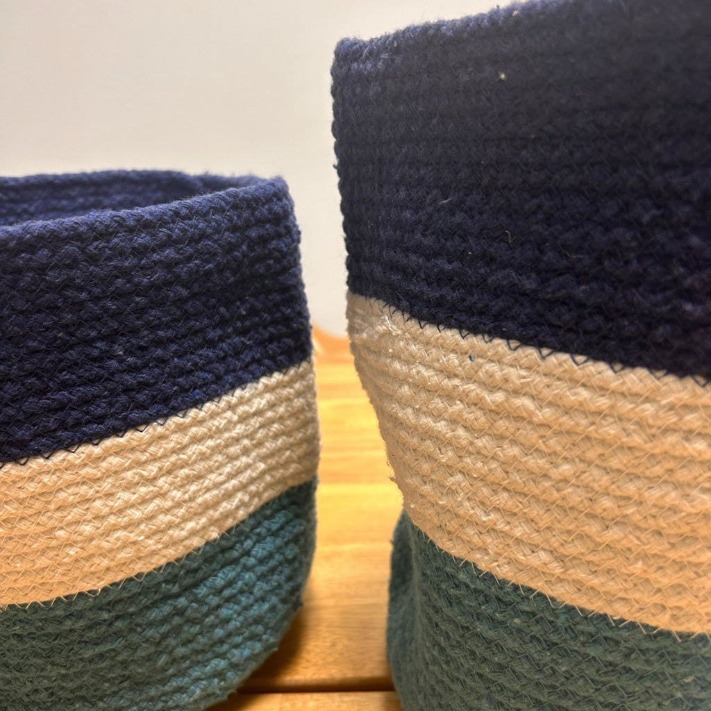 Handmade Baskets SET of 3 Jute Rope Blue & White Striped Design