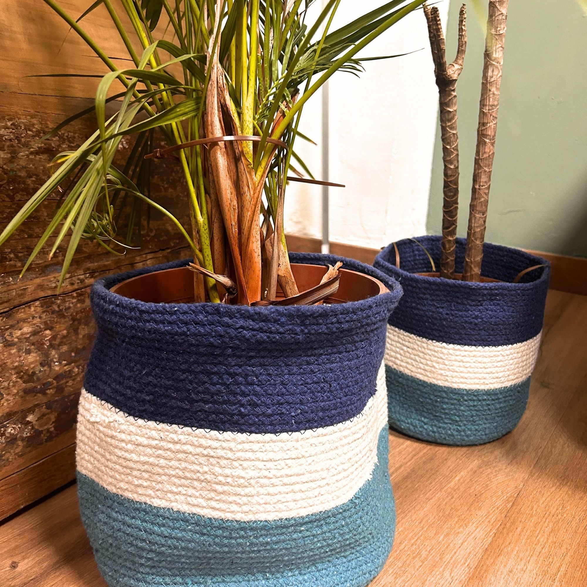 Handmade Baskets SET of 3 Jute Rope Blue & White Striped Design