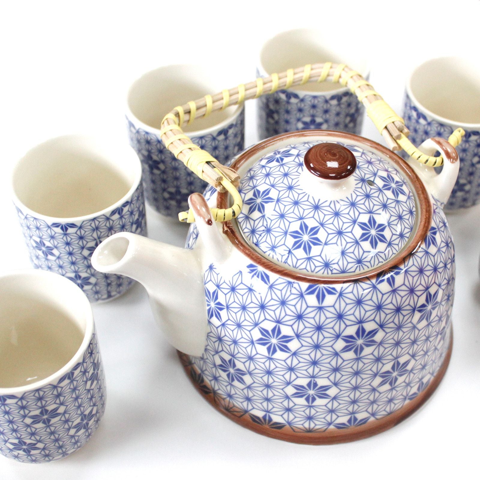 Blue Ceramic Teapot Set with Six Cups – Loose Leaf Tea Brewing Collection