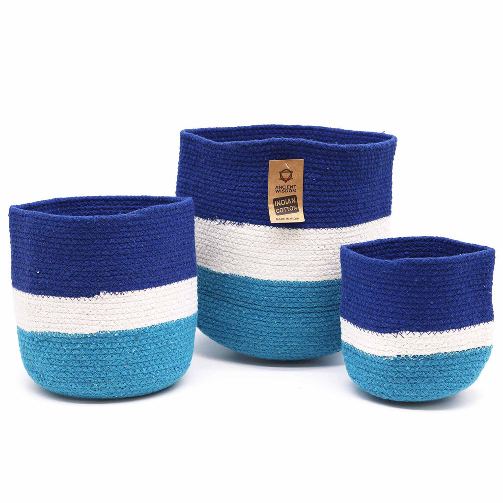 Handmade Baskets SET of 3 Jute Rope Blue & White Striped Design