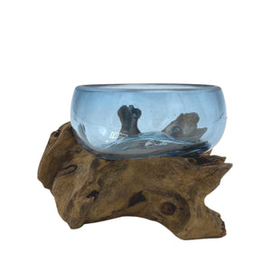 Handmade Molton Glass Mini Blue Bowl on Genuine Gamal Wood