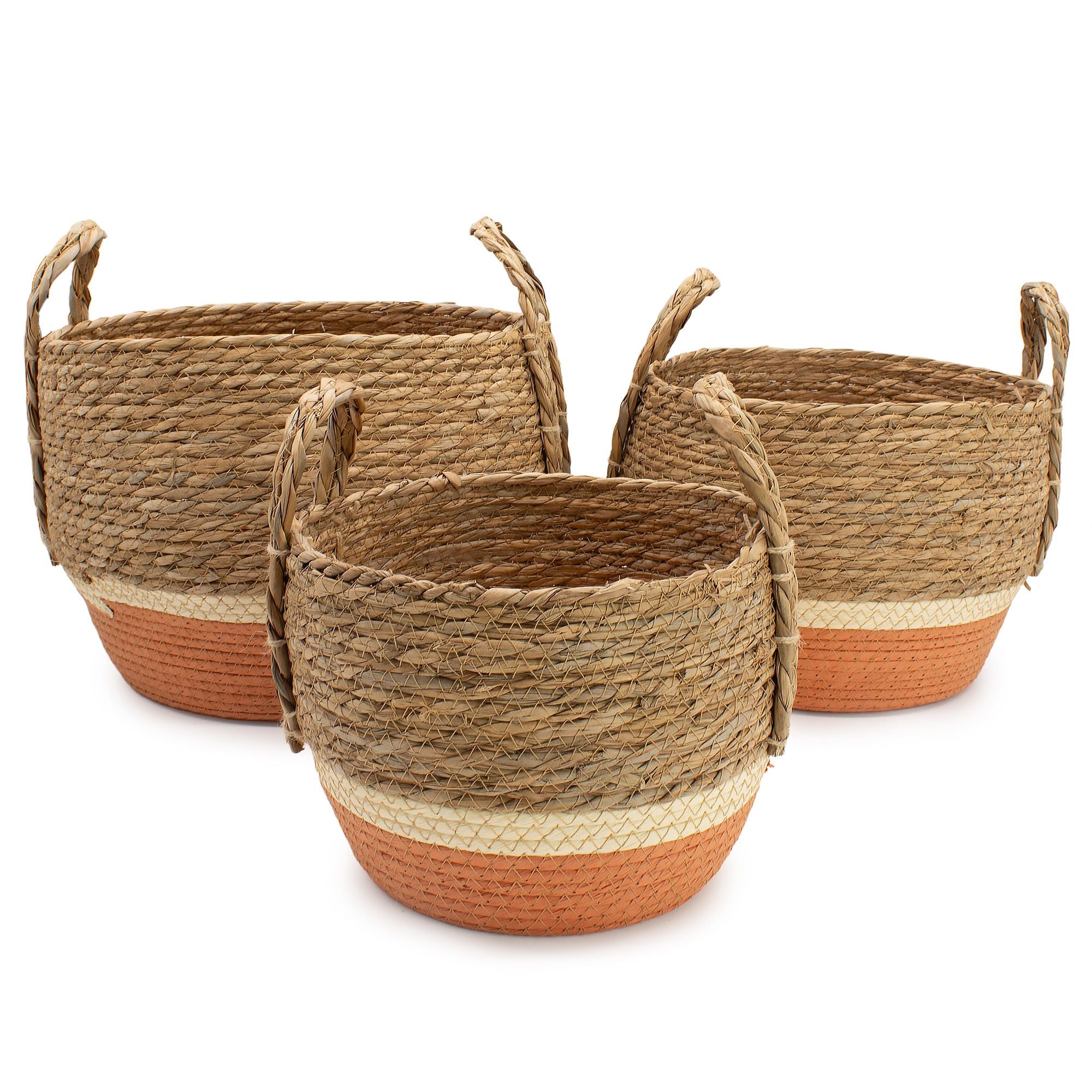 Set of 3 Straw & Seagrass Large Baskets Natural & Orange