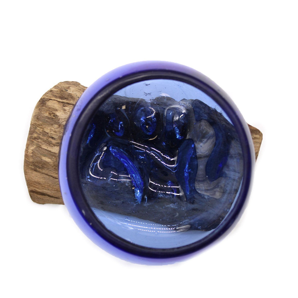 Handmade Molton Glass Mini Blue Bowl on Genuine Gamal Wood