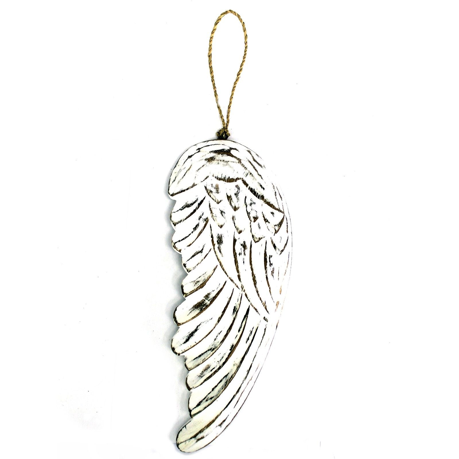 Vintage distressed hand-carved angel wings, white-washed finish, sustainable albesia wood home wall decor