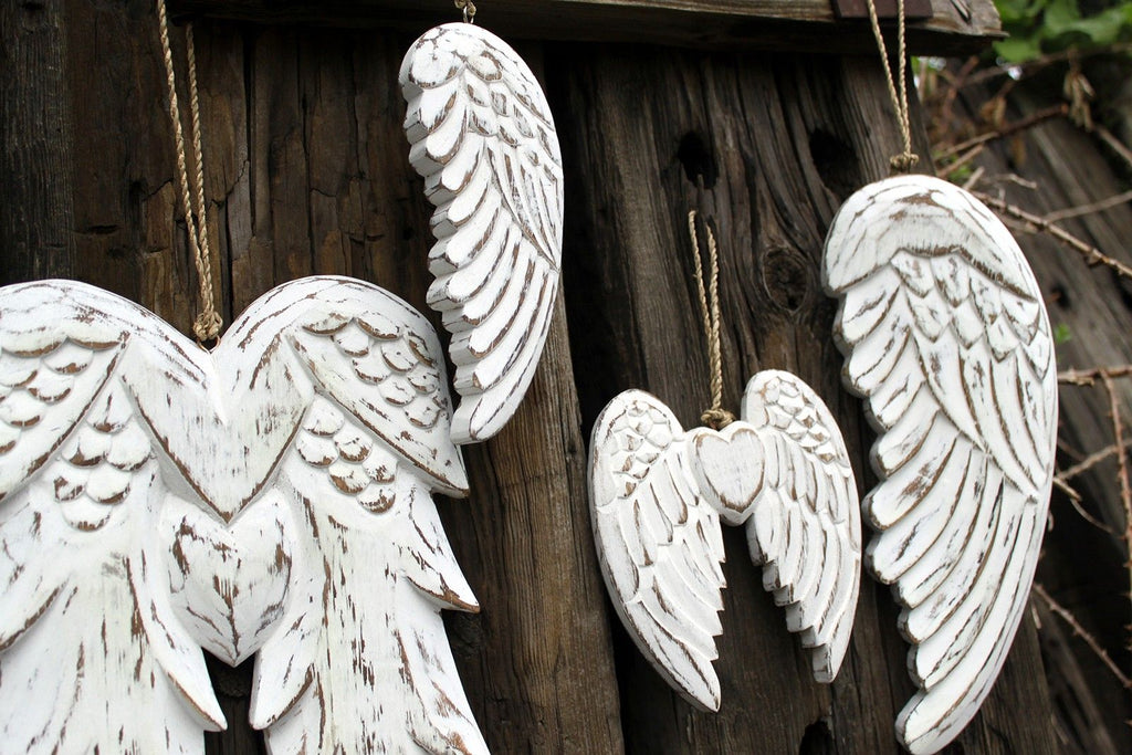 Vintage distressed hand-carved angel wings, white-washed finish, sustainable albesia wood home wall decor