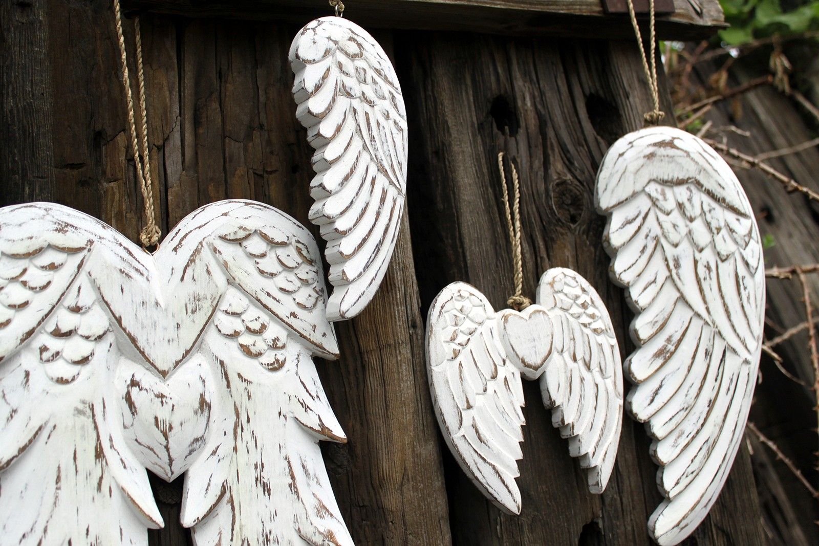 Hand-Carved Vintage Distressed Angel Wings and Heart Decoration, White-Washed Rustic Wall or Shelf Art