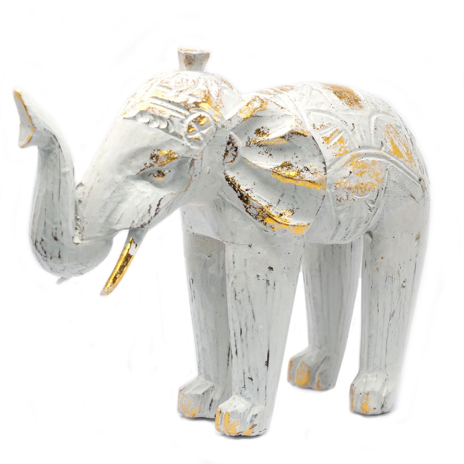 Wood Carved Elephant White Gold