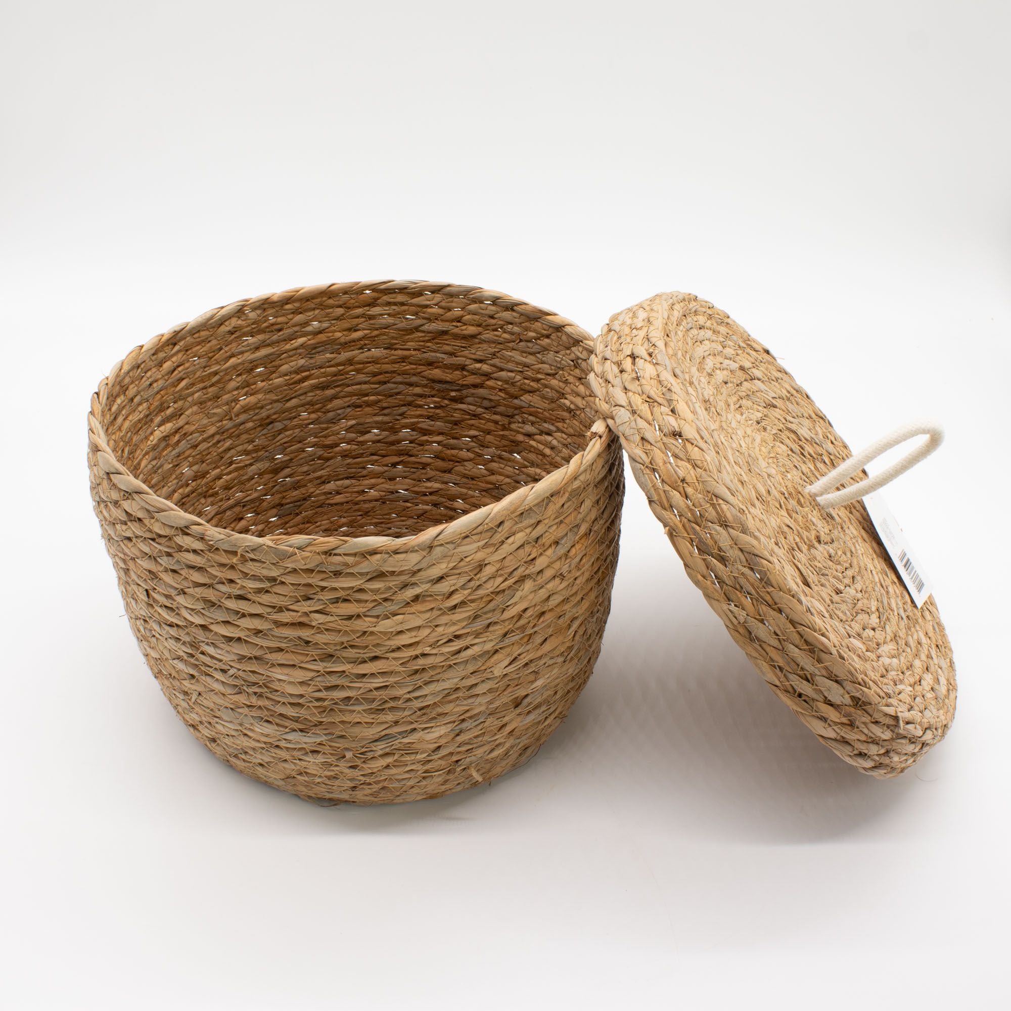 Set of 3 Natural Seagrass & Cotton Round Baskets with Lids