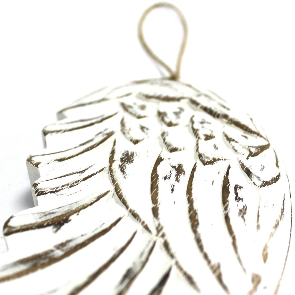 Vintage distressed hand-carved angel wings, white-washed finish, sustainable albesia wood home wall decor