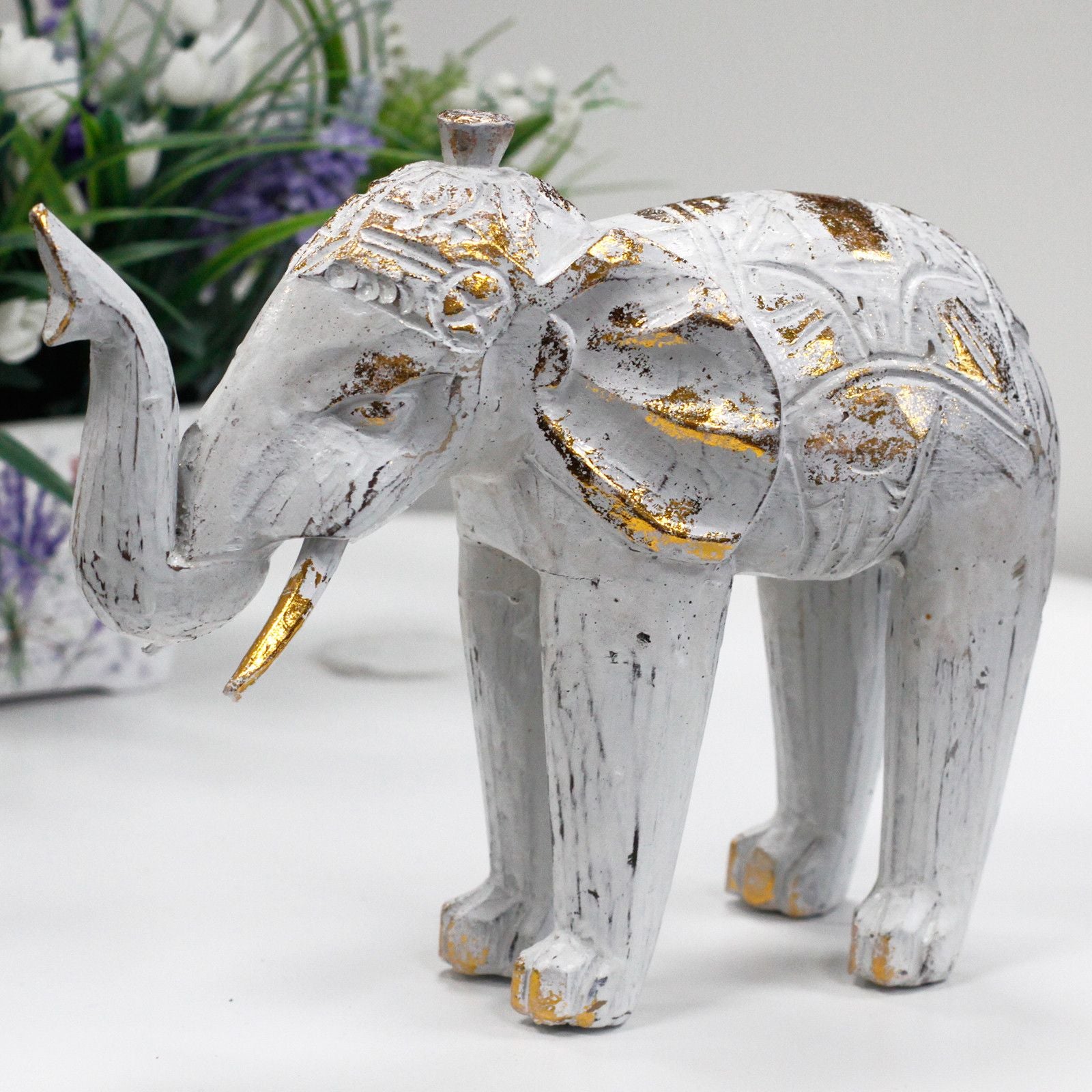 Wood Carved Elephant White Gold