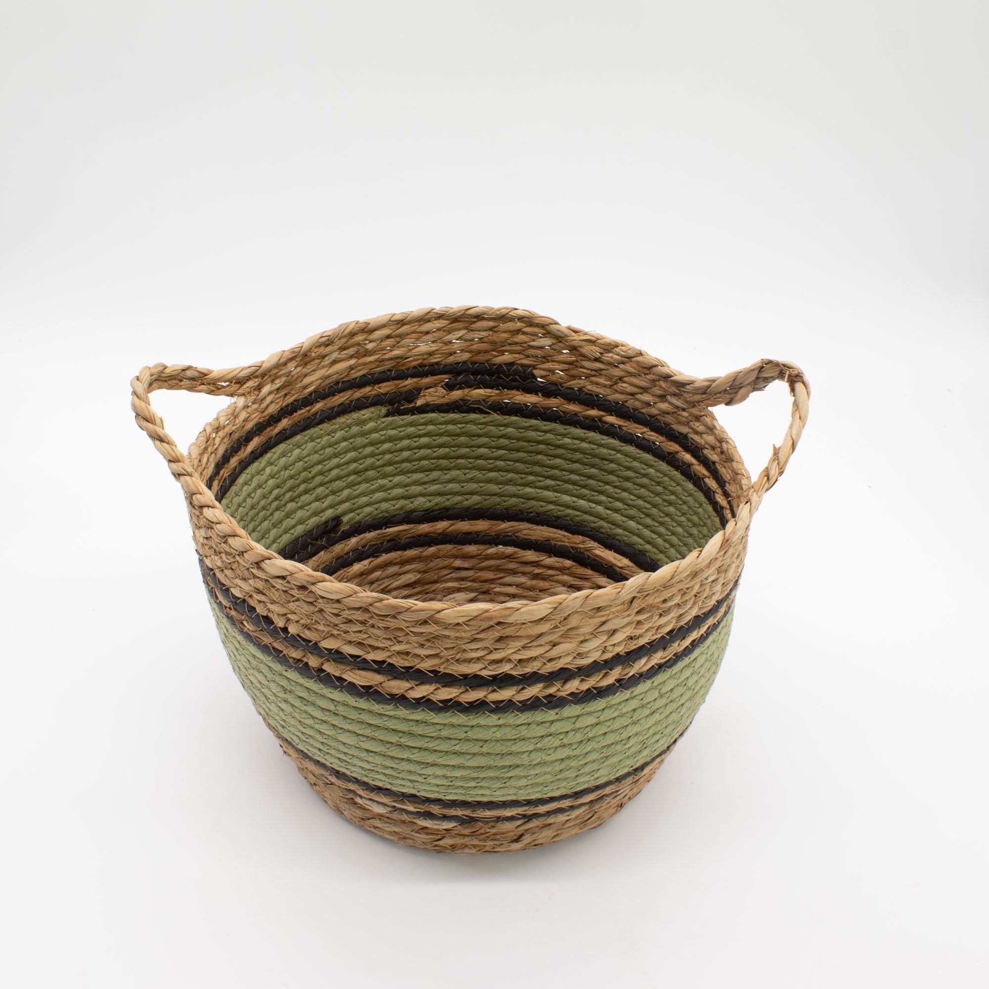 Set of 3 Cotton & Seagrass Large Baskets Natural Black & Green