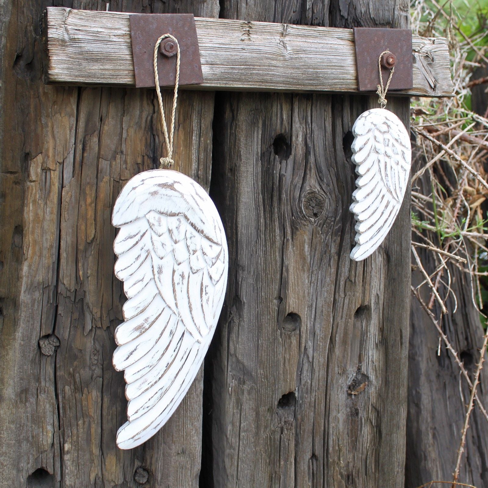 Vintage distressed hand-carved angel wings, white-washed finish, sustainable albesia wood home wall decor
