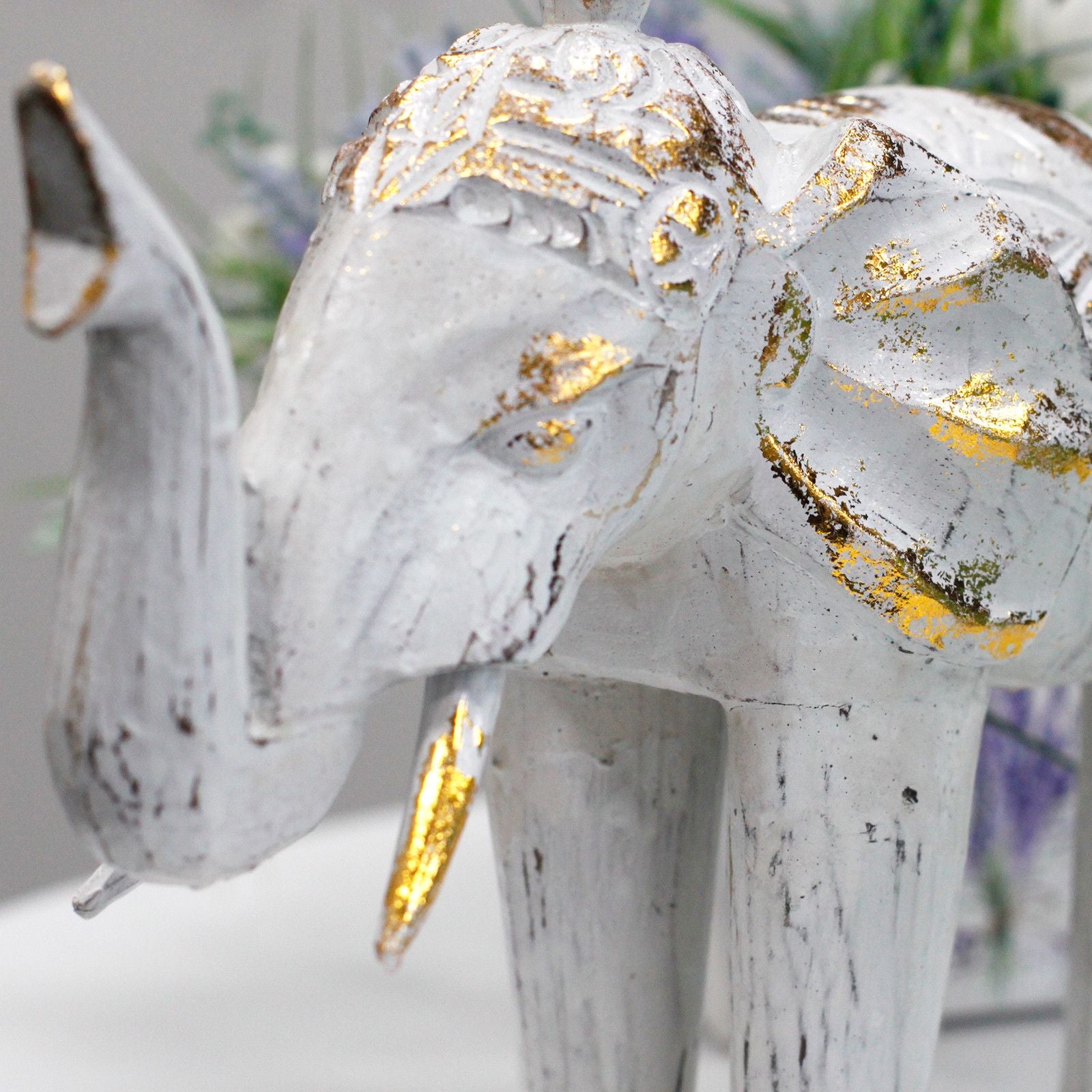 Wood Carved Elephant White Gold