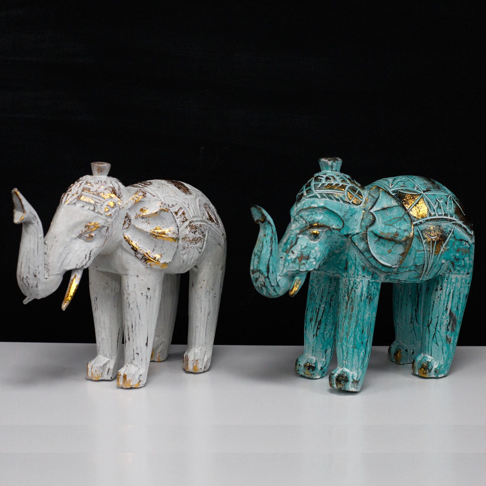Wood Carved Elephant White Gold