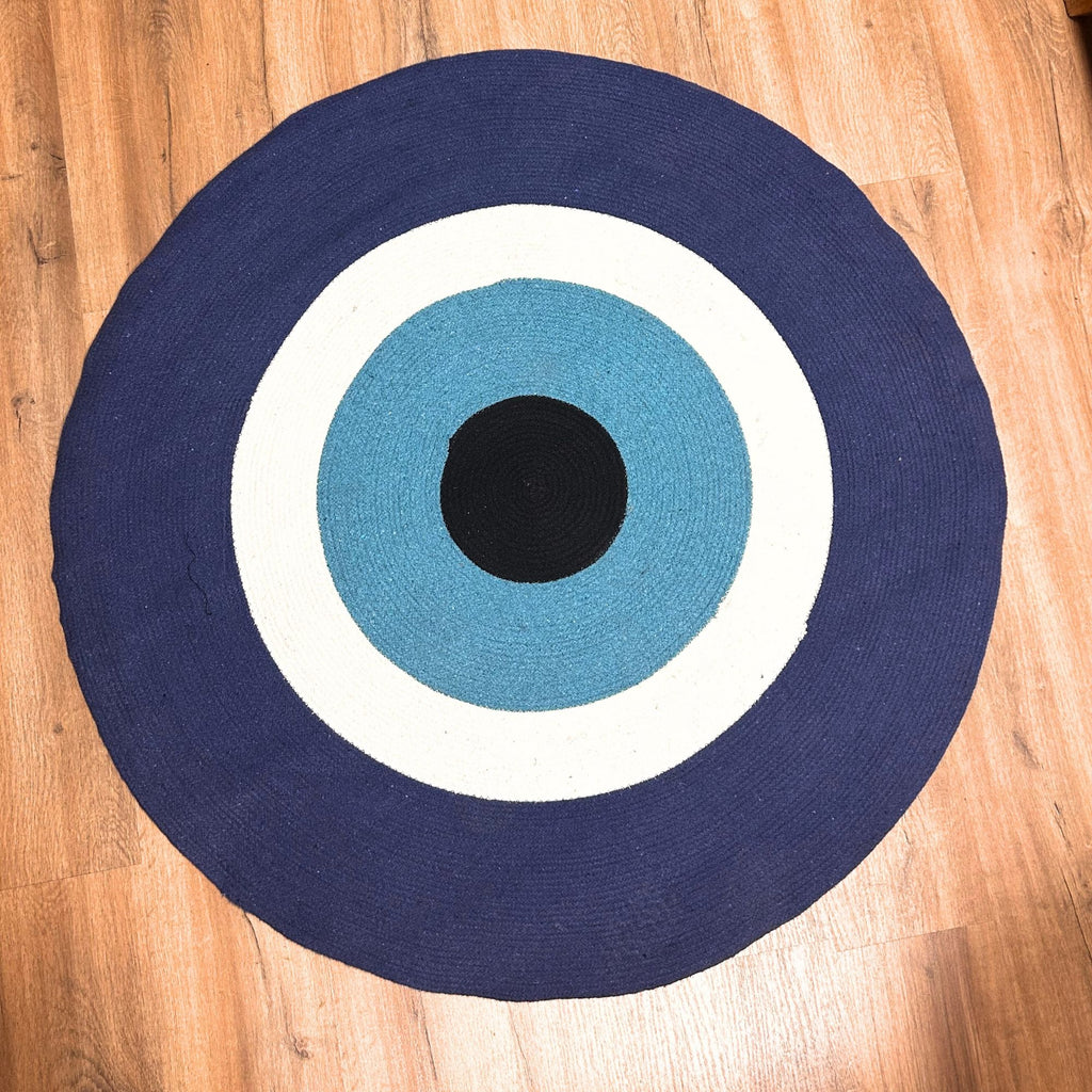 Cotton Circular Rug Blue & White Cotton Rope 'Evil Eye'Design