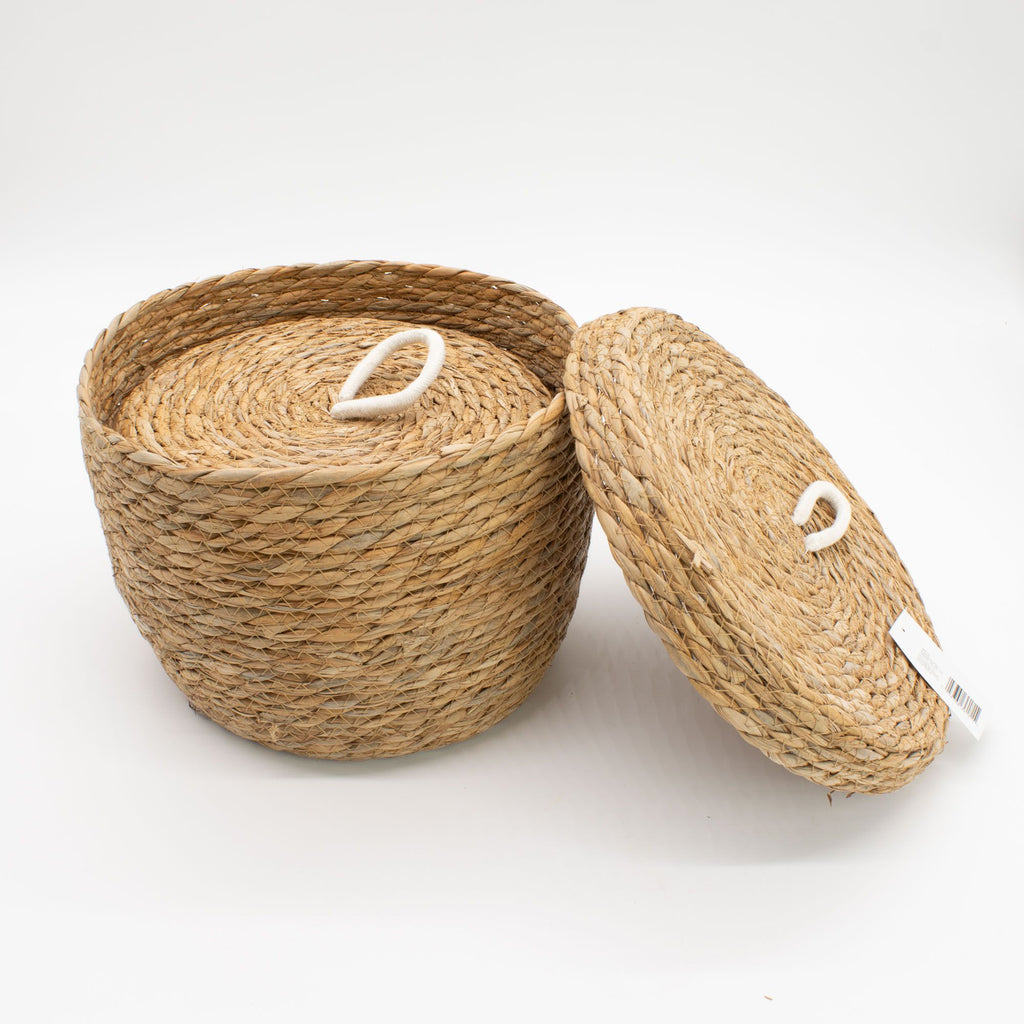 Set of 3 Natural Seagrass & Cotton Round Baskets with Lids