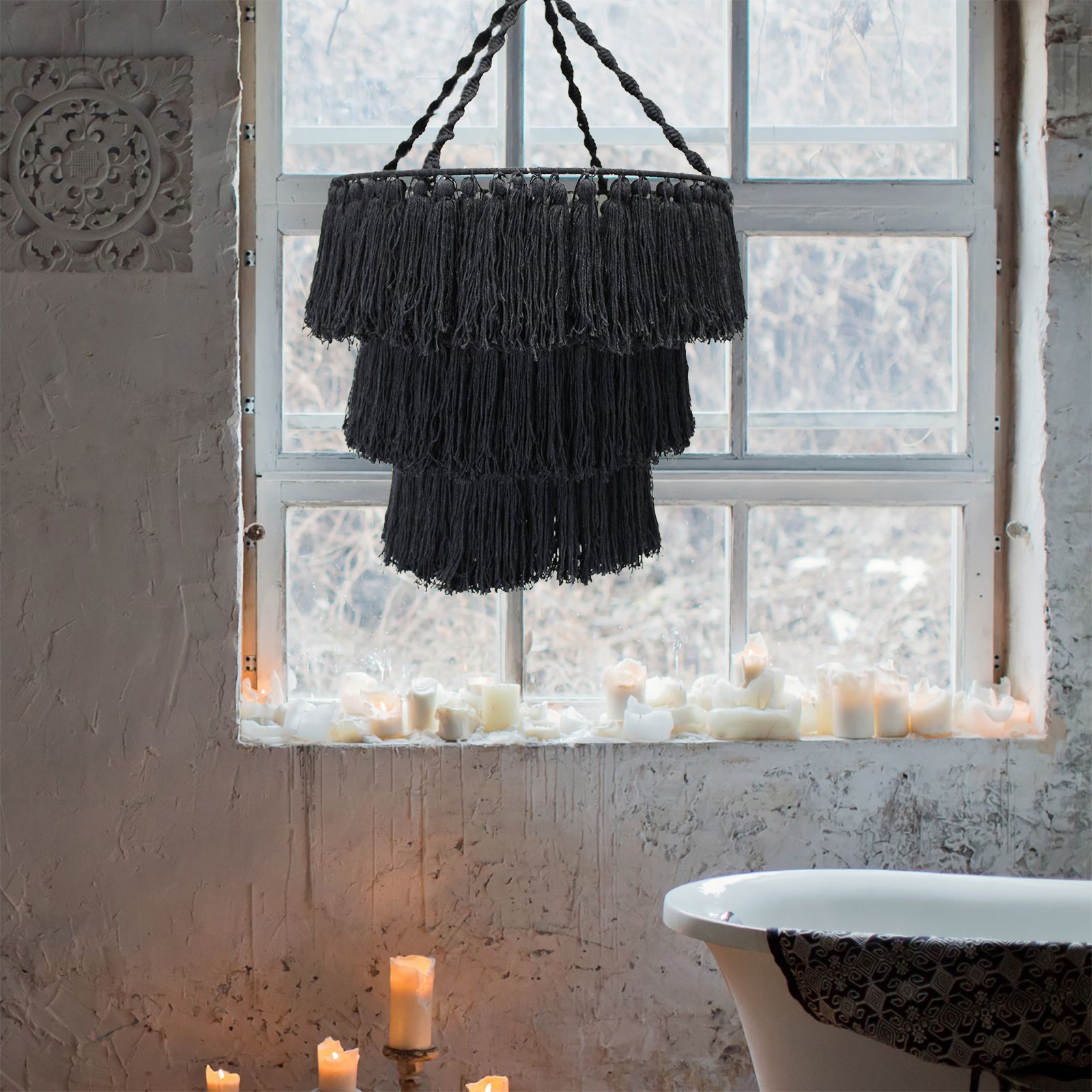 Handmade Macrame Soft Chandelier Elegant Black Tassels