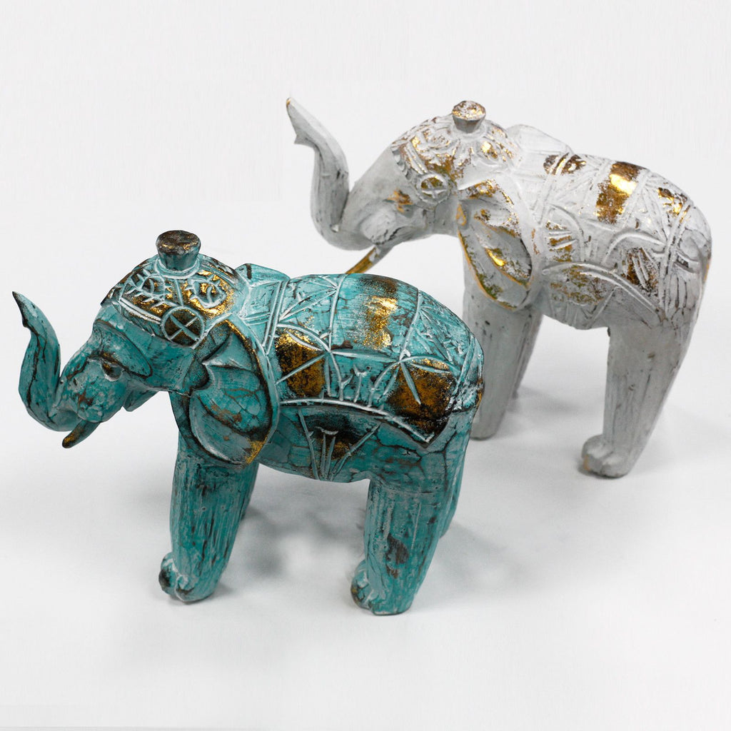 Wood Carved Elephant Turquoise Gold