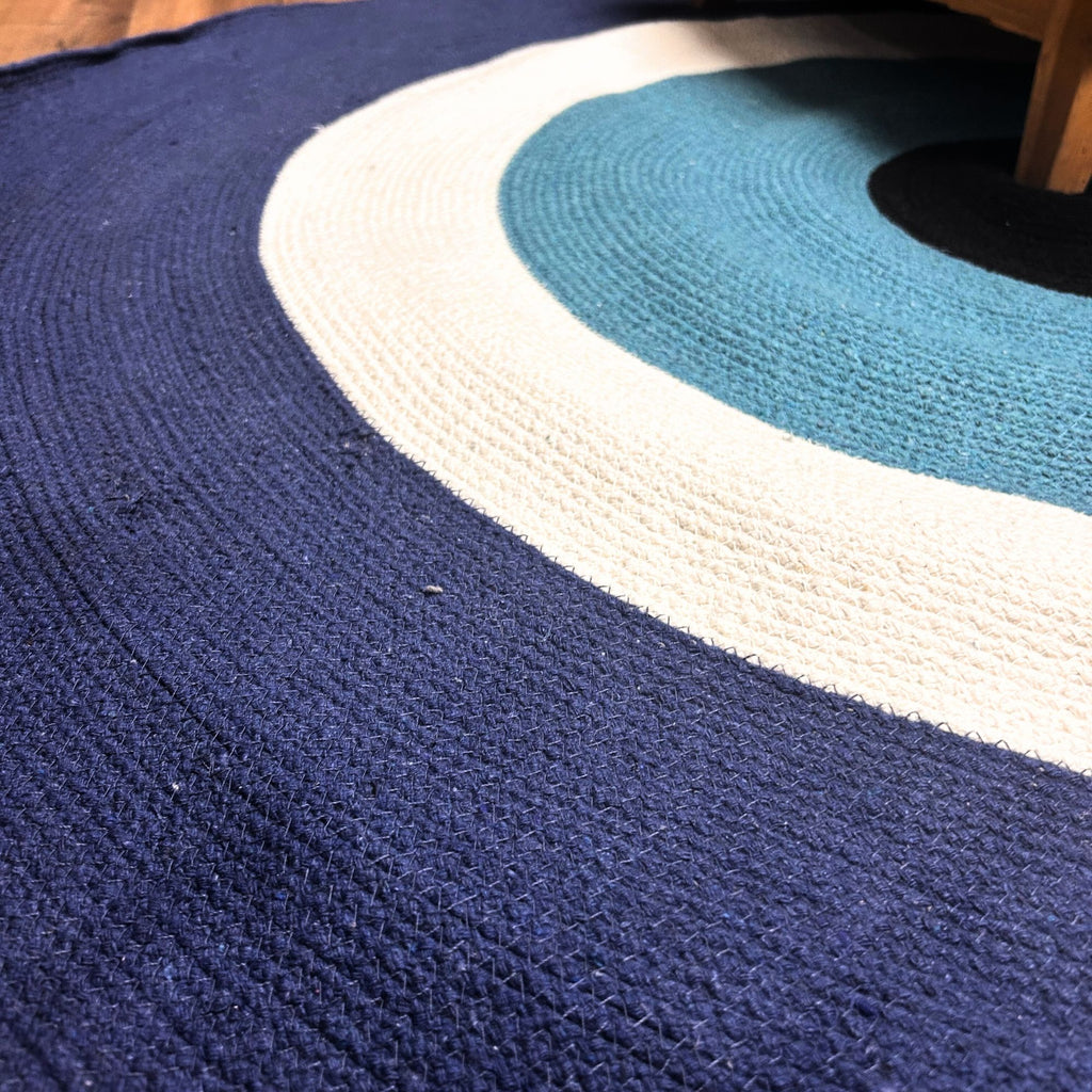 Cotton Circular Rug Blue & White Cotton Rope 'Evil Eye'Design