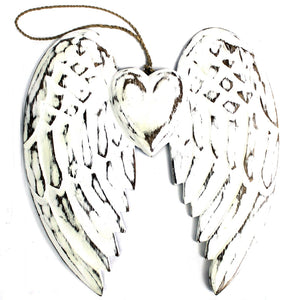 Hand-Carved Vintage Distressed Angel Wings and Heart Decoration, White-Washed Rustic Wall or Shelf Art