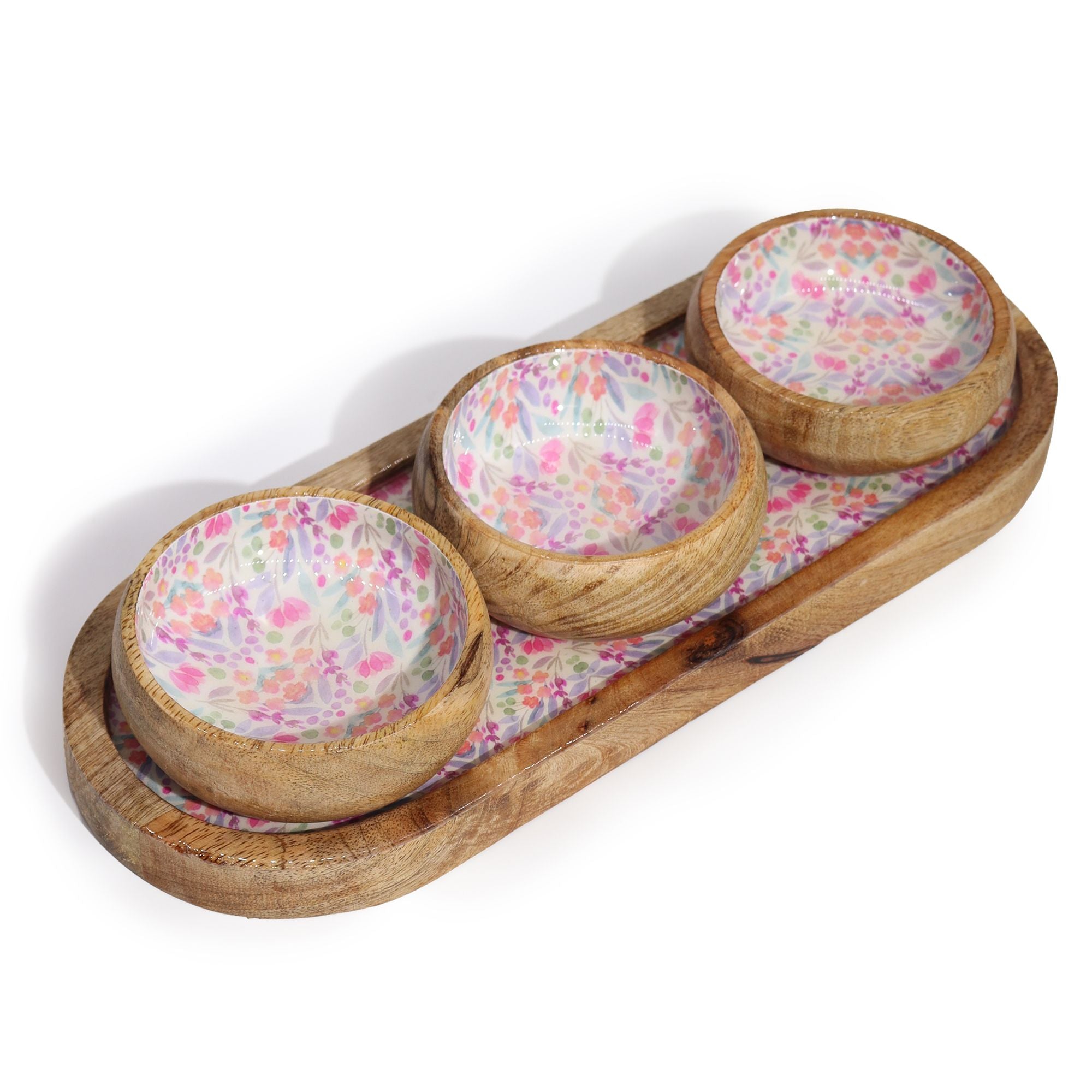 Serving Tray With 3 Bowls - Handmade Mango Wood Pretty Floral Decor