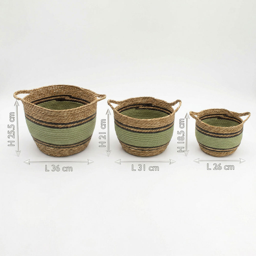 Set of 3 Cotton & Seagrass Large Baskets Natural Black & Green
