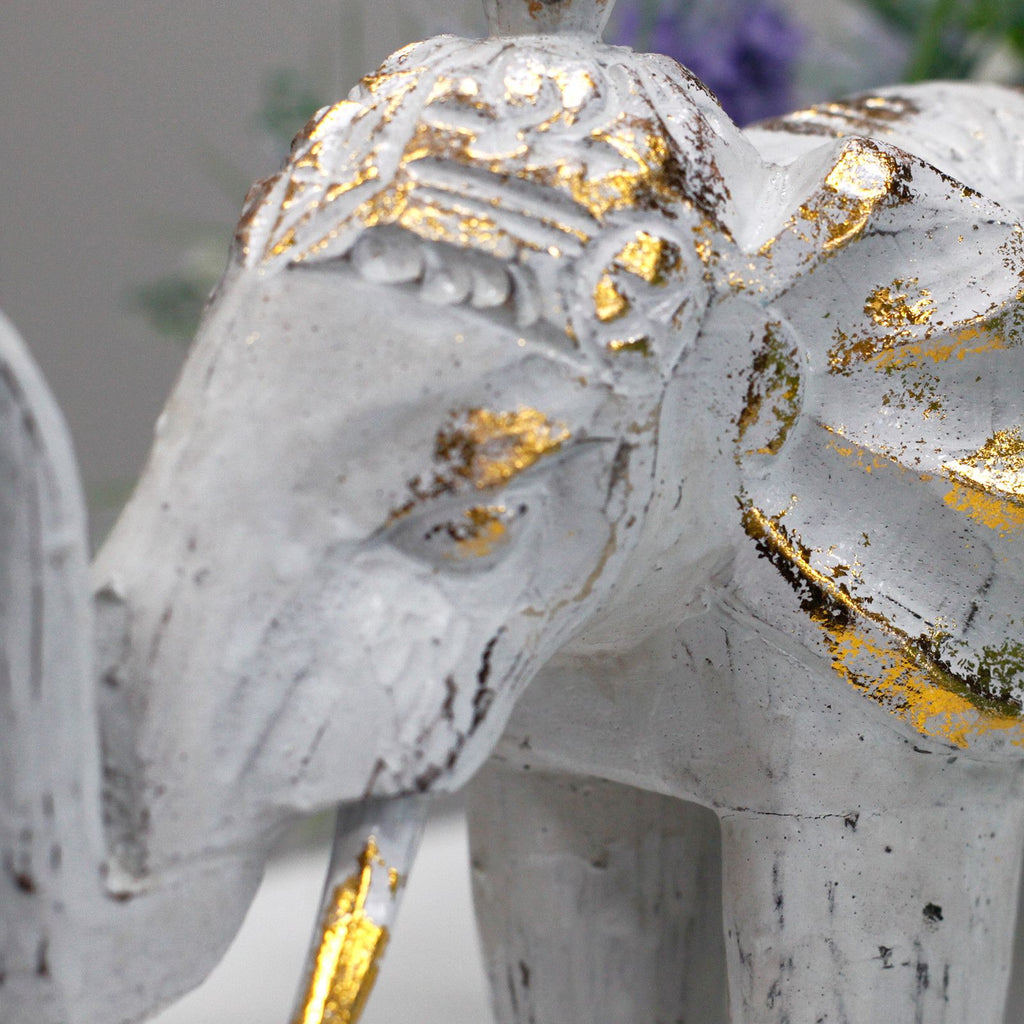 Wood Carved Elephant White Gold