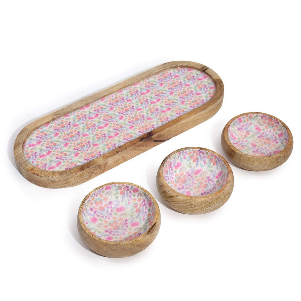Serving Tray With 3 Bowls - Handmade Mango Wood Pretty Floral Decor