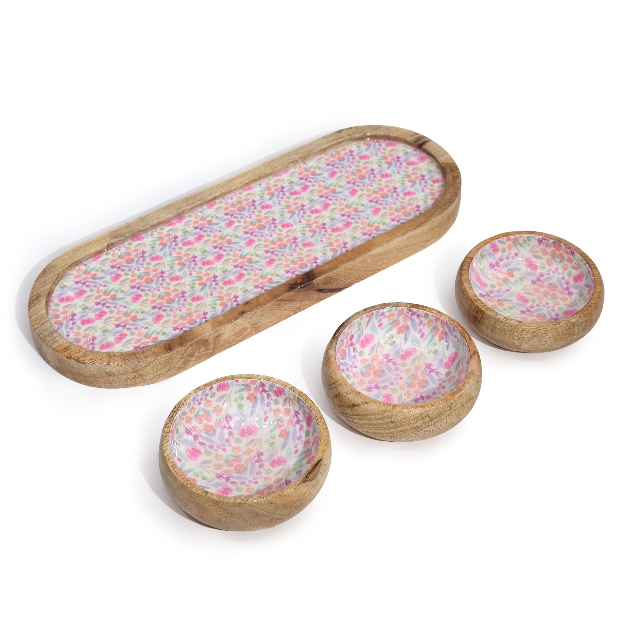 Serving Tray With 3 Bowls - Handmade Mango Wood Pretty Floral Decor