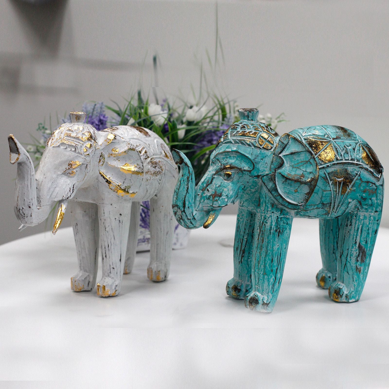 Wood Carved Elephant Turquoise Gold